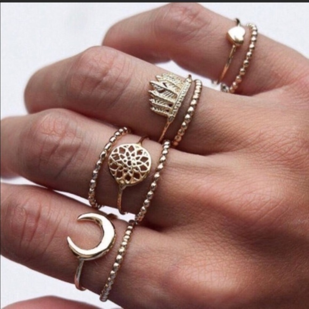 Gold Forest  Moon Heart 9 piece midi  ring set